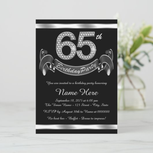 Silberne 65. Geburtstagsparty Einladung (Stehend Vorderseite)