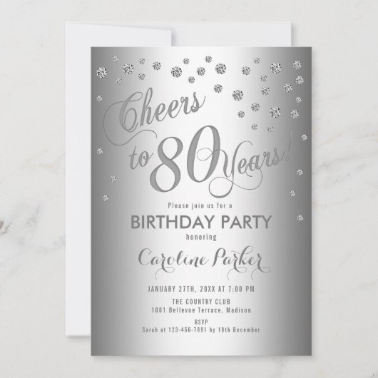 Silberne 80. Geburtstagsparty Einladung (Vorderseite)
