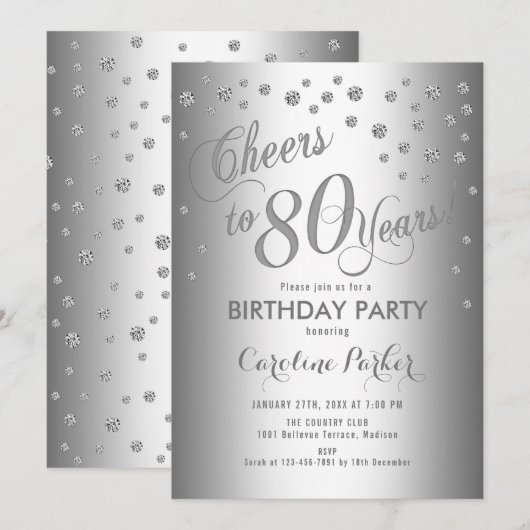 Silberne 80. Geburtstagsparty Einladung (Vorne/Hinten)