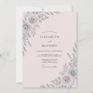 Silberne Amethyst-Blüten-Hochzeit Einladung