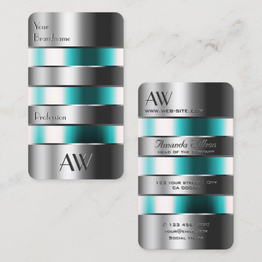 Silberne Aquamarine Glasgrabbriefe mit Monogramm Visitenkarte (Vorne/Hinten)