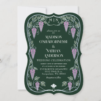 Silberne Art Nouveau Pinke Wisteria Hochzeit Einladung