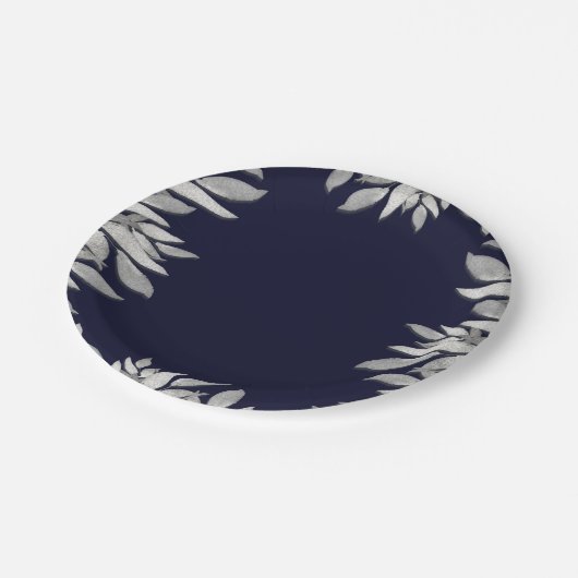 Silberne Blätter Botanisches glänzendes blaues Ros Pappteller (Schrägansicht)