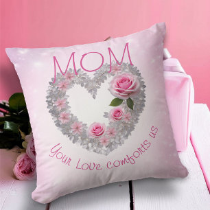 Silberne Blätter Herz und rosa Rose Mama  Kissen
