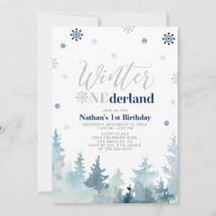 Silberne & Blaue Winter-Wunderland 1. Geburtstagsf Einladung