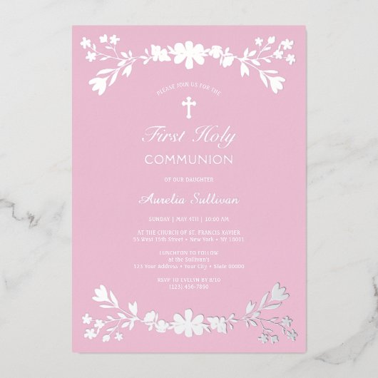 Silberne Blume auf rosa Erste Kommune Folieneinladung (Vorderseite)