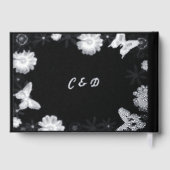 Silberne Blume und Butterfliegen Schwarze Hochzeit Gästebuch