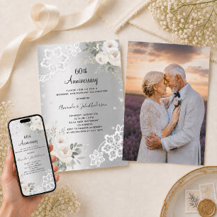 Silberne Blumen Foto 60. Hochzeitstag Einladung