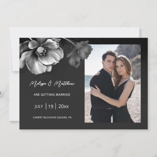 Silberne Blumen Schwarze Hochzeit Save The Date (Vorderseite)