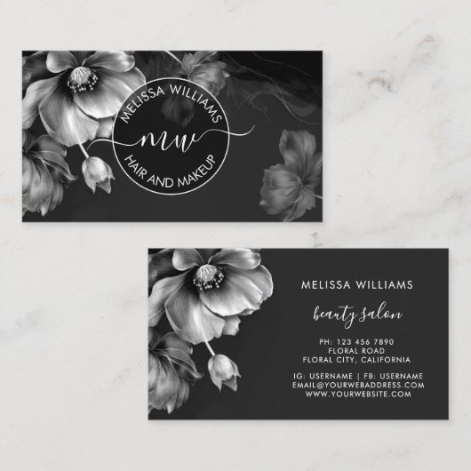 Silberne Blumen Schwarzes Logo Visitenkarte (Vorne/Hinten)