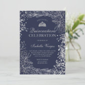 Silberne Blumenmarineinfanterie Foto Tiara Quincea Einladung (Stehend Vorderseite)