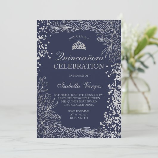 Silberne Blumenmarineinfanterie Foto Tiara Quincea Einladung (Stehend Vorderseite)