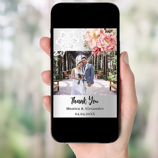 Silberne Blumenspitze Hochzeit Foto danke Karte