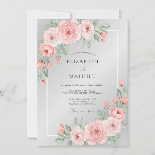 Silberne Blush-Petal-Hochzeit Einladung (Vorderseite)