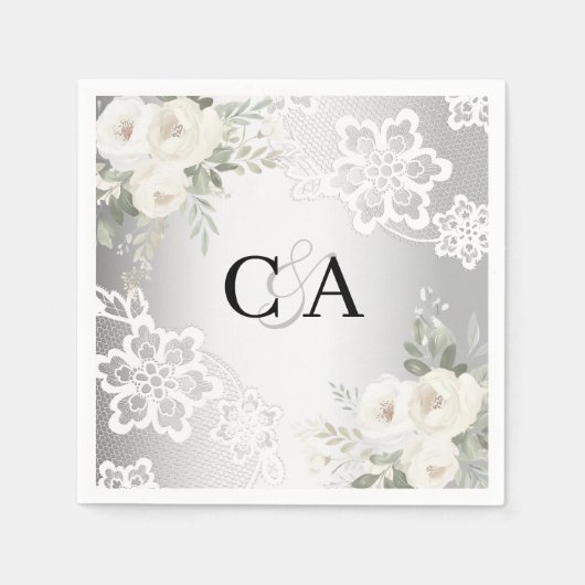Silberne Blüten, Monogramm Hochzeit Serviette (Vorderseite)
