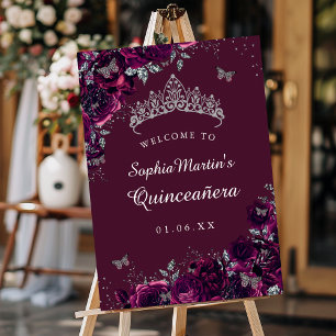 Silberne Burgunderrose Quinceanera-Schild Willkomm Poster