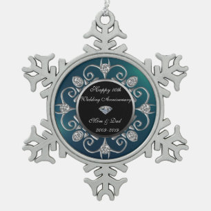 Silberne Diamanten Grün 10. Hochzeitstag Schneeflocken Zinn-Ornament