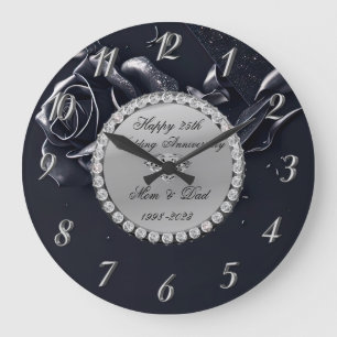 Silberne Diamanten Schwarze Rose 25. Hochzeitstag Große Wanduhr