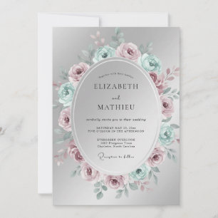 Silberne elegante Hochzeit mit floralen Motiven Einladung