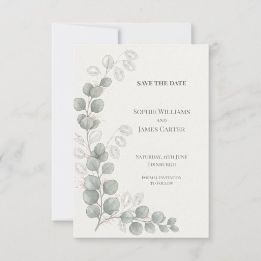 Silberne Eukalyptus-Hochzeit - Save The Date (Vorderseite)