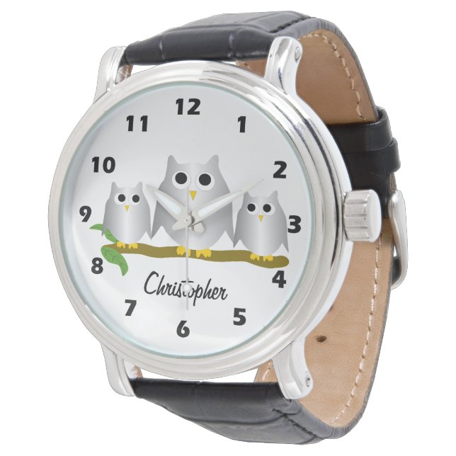 Silberne Eulen Design Personalisiert Armbanduhr (Schrägansicht)