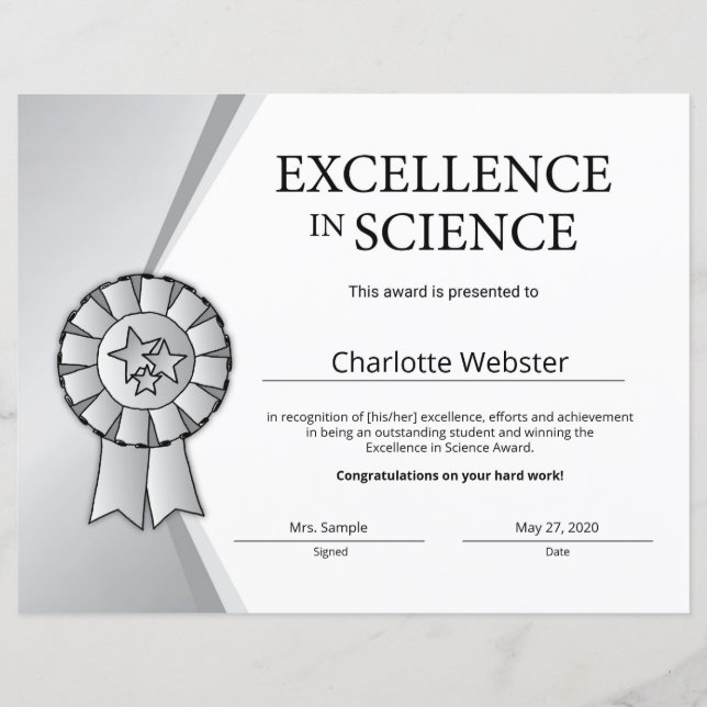 Silberne Exzellenz in Science Certificate Award (Vorderseite)