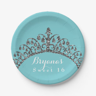Silberne falsche Glitter-Tiara-Krone Geburtstagsfe Pappteller