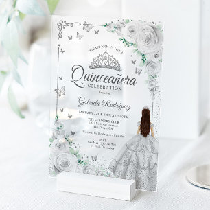 Silberne Florale Wasserfarben-Rosen Quinceanera Acryleinladungen