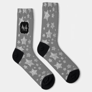 Silberne funkelnde Sterne Muster hellgrau Monogram Socken