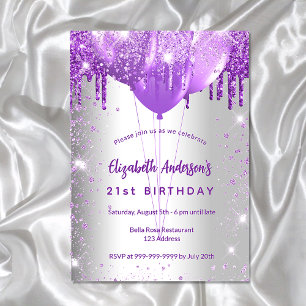 Silberne Geburtstagsballons mit lila Glitter Luxus Einladung