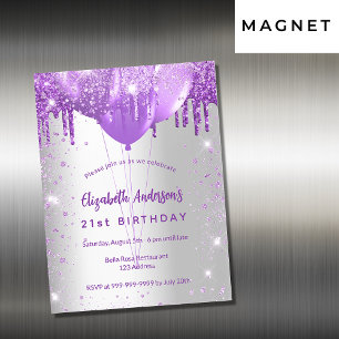 Silberne Geburtstagsballons mit lila Glitter Luxus Magneteinladung