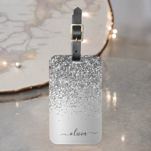 Silberne Glitter-Metall-Monogramm Glam Name Gepäckanhänger