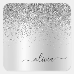 Silberne Glitter-Metall-Monogramm Glam Name Quadratischer Aufkleber