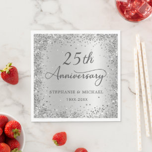 Silberne Glitter-Metallfolie 25. Hochzeitstag Serviette