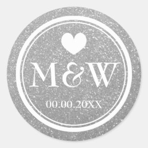 Silberne Glitter-Monogramm-Hochzeitsgunst-Aufklebe Runder Aufkleber
