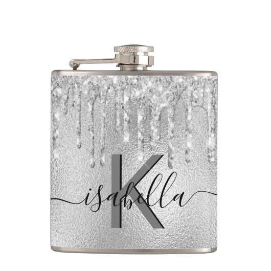 Silberne Glitter-Monogramm-Schrift Flachmann (Vorderseite)