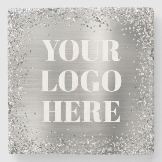 Silberne Glitter-Rahmen und Folien-Logo Steinuntersetzer (Vorderseite)