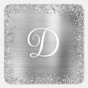 Silberne Glitter-Rahmen und Folien-Monogramm Quadratischer Aufkleber