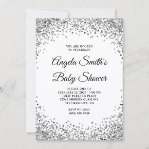 Silberne Glitter-Rand Weiße Babyparty Einladung