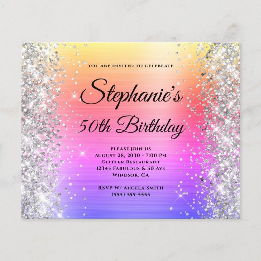 Silberne Glitter-Regenbogenfolie-Monogramm 50. Geb Flyer (Vorne)