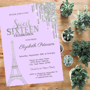 Silberne Glitter-Tropfen, Eiffel-Turm Sweet 16 Ein Einladung