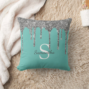 Silberne Glitter-Tropfen Helles Türkis Monogramm N Kissen