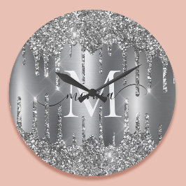 Silberne Glitter-Tropfen Monogramm Personalisiert Große Wanduhr