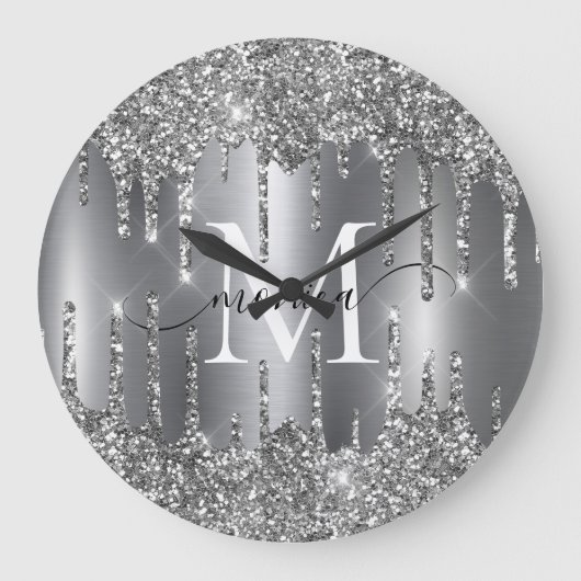 Silberne Glitter-Tropfen-Monogramm personalisierte Große Wanduhr (Vorderseite)