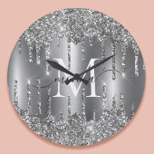Silberne Glitter-Tropfen-Monogramm personalisierte Große Wanduhr
