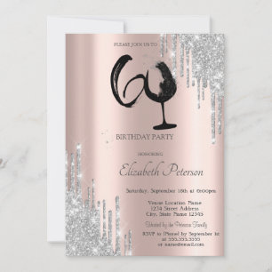 Silberne Glitter-Tropfen Weinglas Roségold 60.  Einladung