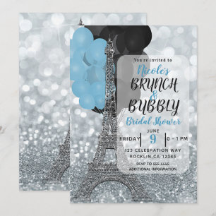 Silberne Glitterblaue Ballons Eiffelturm Paris Einladung