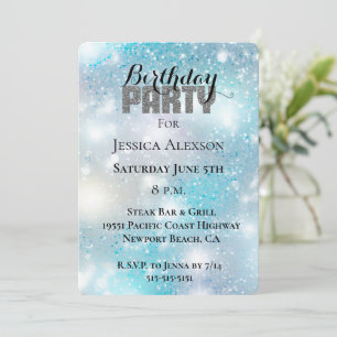 Silberne Glitterparty Aquablau Bokeh Geburtstag  Einladung