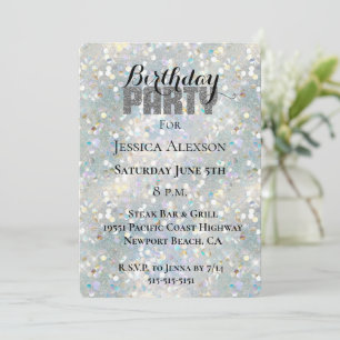 Silberne Glitterparty Blau Weiße Bokeh Geburtstag  Einladung