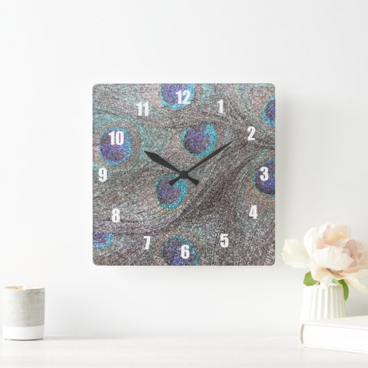 Silberne Glitterpfaufedern Quadratische Wanduhr (Zuhause)